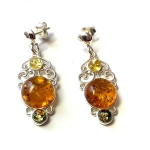 Tri color Baltic Amber drop earrings sterling sil.